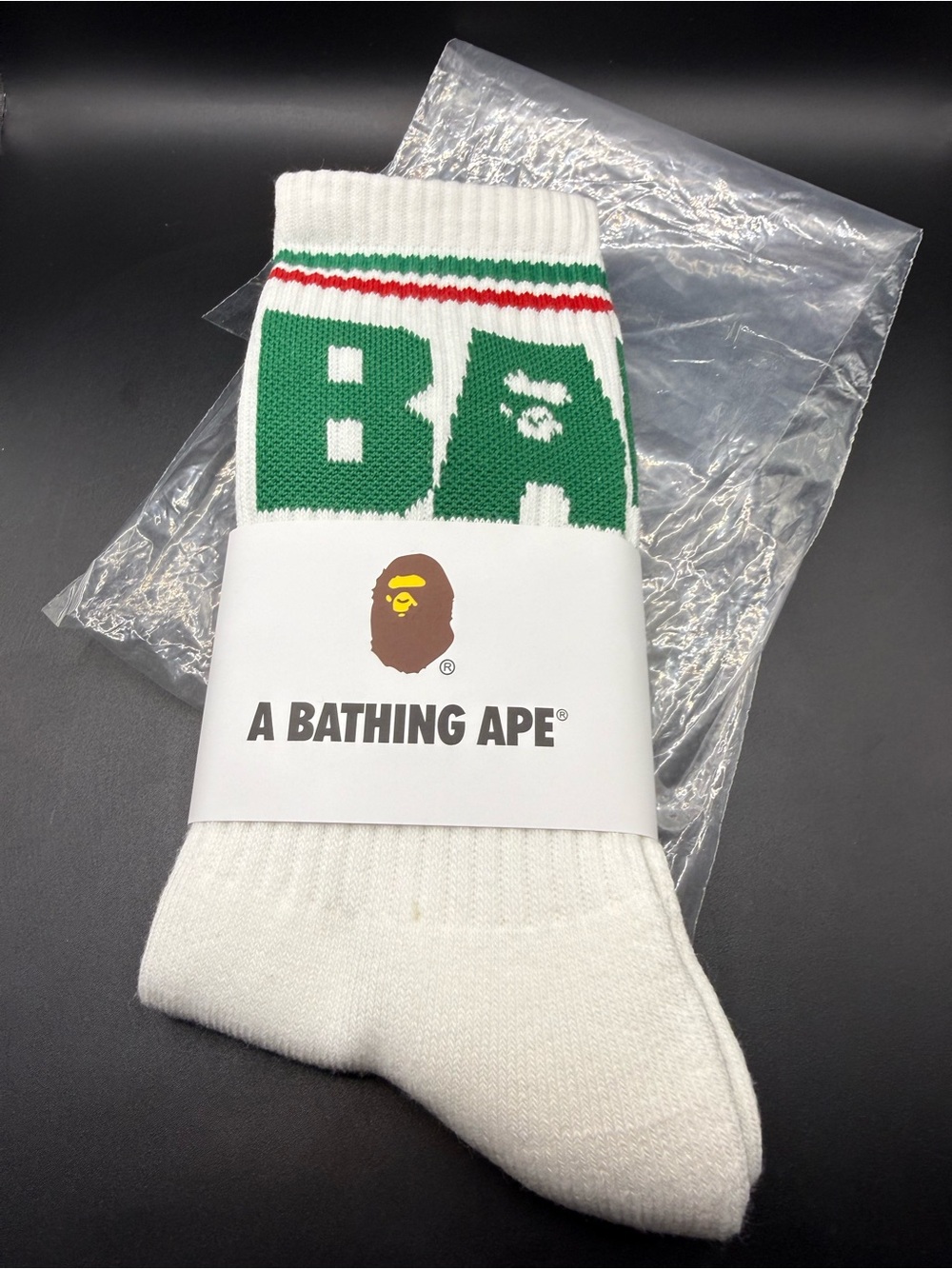 A Bathing Ape White Crew Socks with Green Logo
